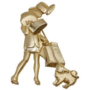Vintage AJC Brooch Shopping Woman Walking Dog Gold Tone Lapel Pin